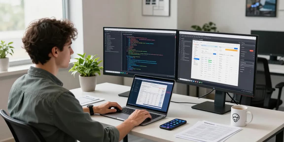 Developer in modern office showcasing WPS Official Website application on dual monitors