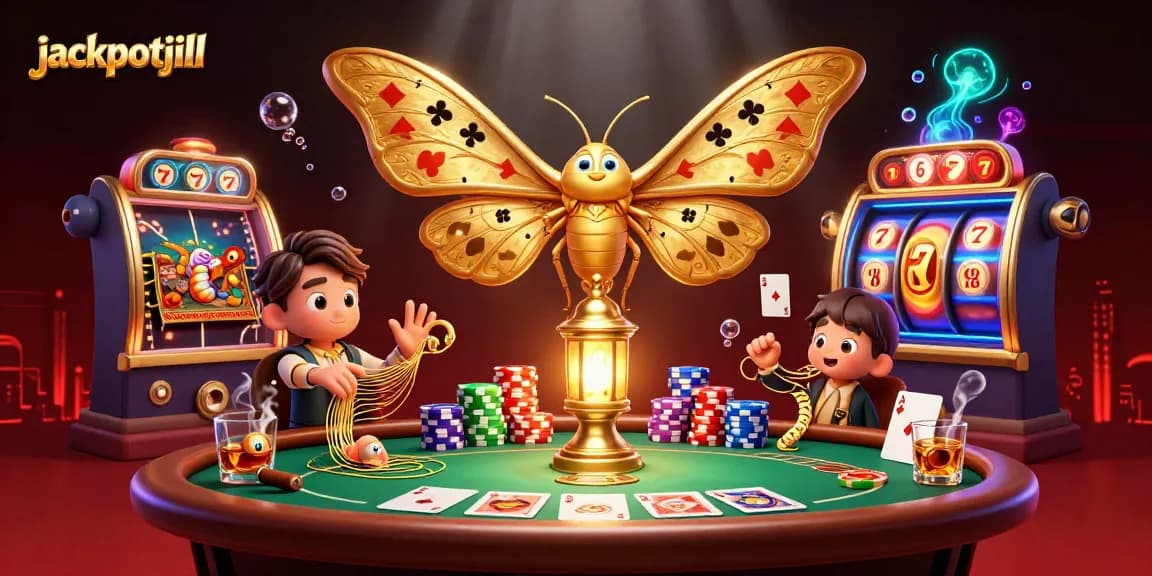 Engage jackpotjill's thrilling slots with vibrant cartoon elements and gold details.