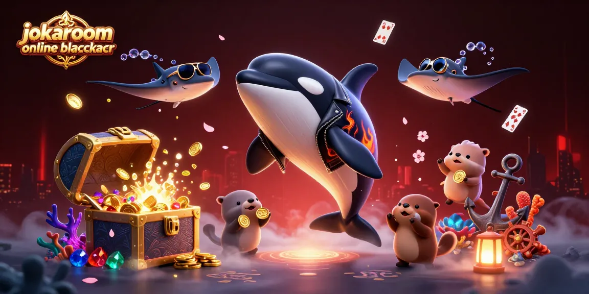Engaging jokaroom online blackjack scene with a dynamic orca, stingray, and otters around glowing treasures.