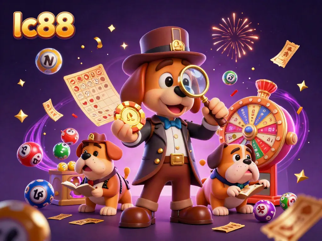Experience the excitement of lc88 with a colorful casino scene featuring a detective and his companion uncovering treasures.