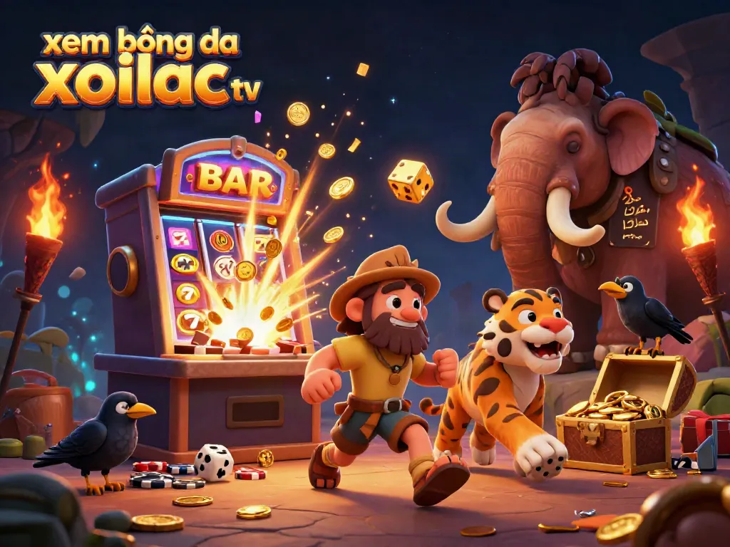 Xem bóng đá xoilac tv showcases a vibrant 3D scene with a caveman and tiger managing a casino, highlighting exciting gaming elements.