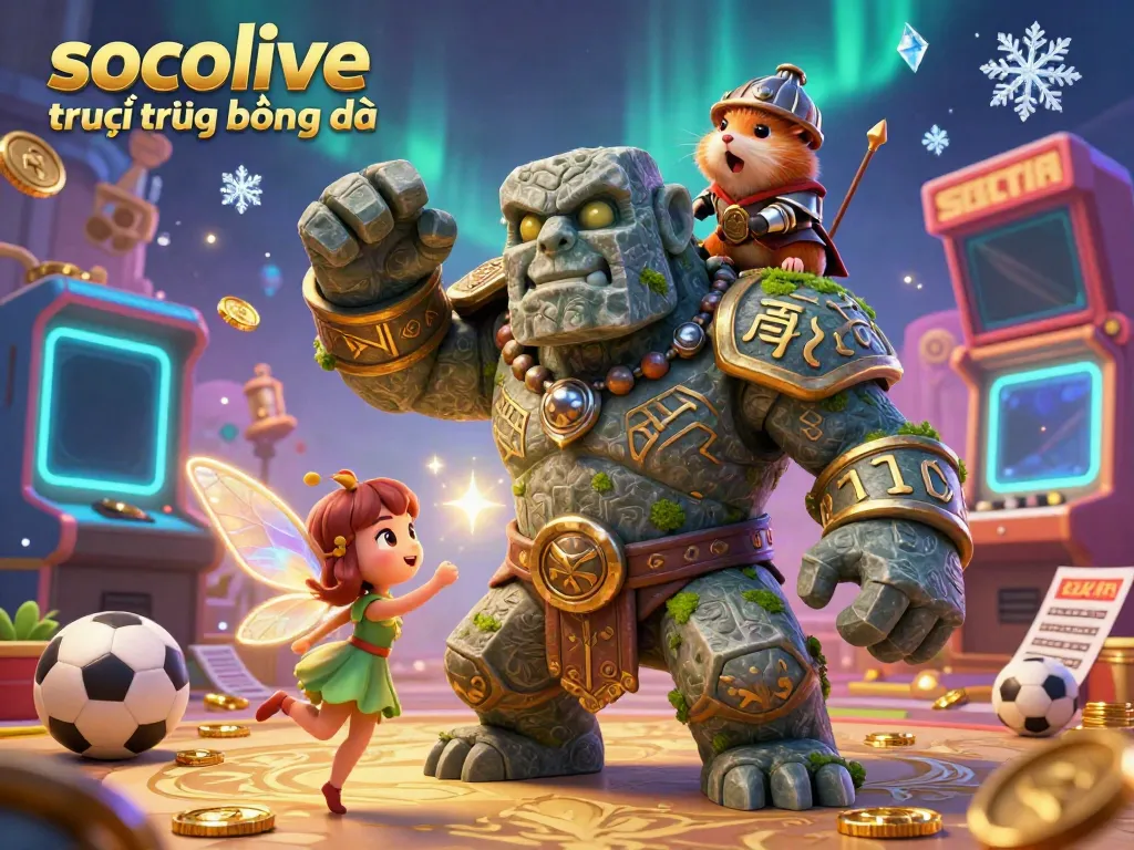 Socolive trực tiếp bóng đá showcases a vibrant 3D scene with a magical golem, fairy, and hamster knight, surrounded by sports betting elements.