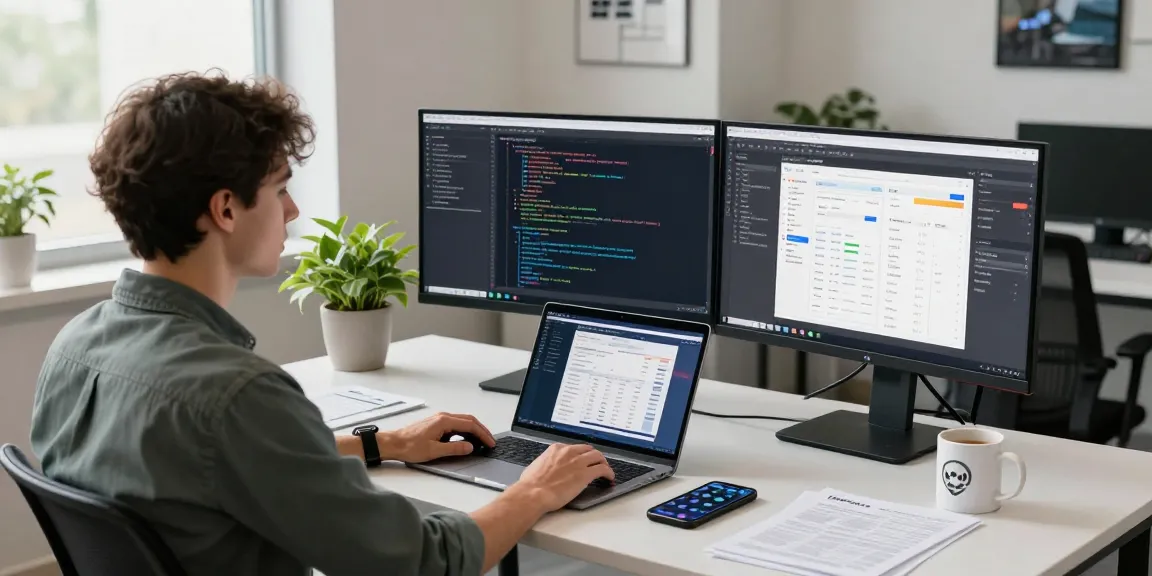 Developer in modern office showcasing WPS Official Website application on dual monitors
