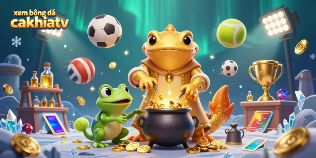 Experience xem bóng đá cakhiatv through a vibrant and dynamic 3D illustration showcasing magical elements and sports.