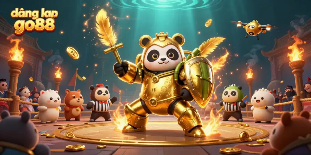 Engage in the excitement of đăng nhập go88 with a dynamic 3D casino scene featuring a mech-suit panda battling in an action-packed arena.