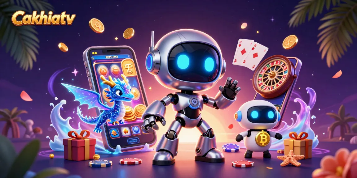 Cakhiatv presents an exciting 3D scene with a cyberpunk robot, AI dragon, and a bitcoin drone in a vibrant casino setting.