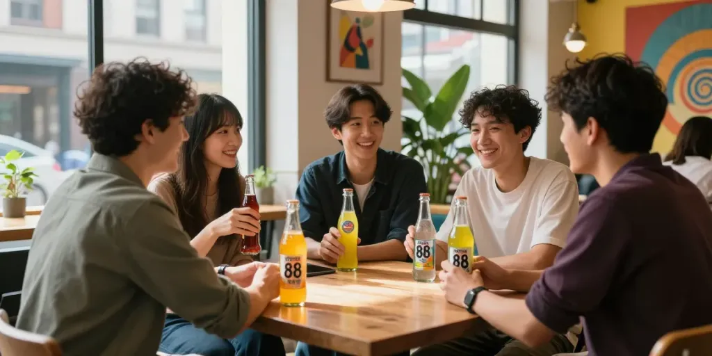 Friends enjoying drinks with ROKOK 88 soda in a lively café.