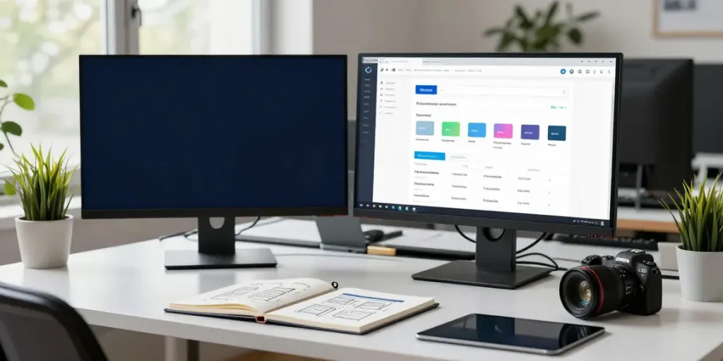 Developer optimizing rokok88 apk content with dual monitors in a sleek workspace.