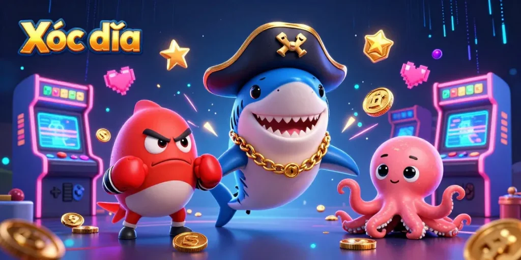 Xóc đĩa gameplay scene featuring playful characters and dynamic casino elements, highlighting interactive fun.